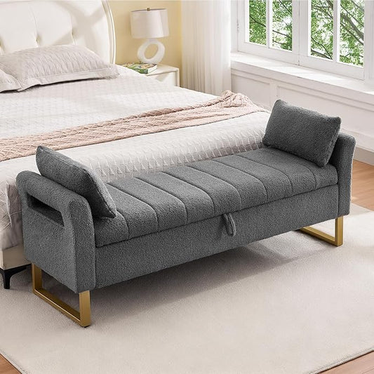 66" Storage Bench for Bedroom Upholstered End of Bed Bench King Size Grey | Long Bedroom Benches for Foot of Bed King,Teddy Storage Bed Bench with Gold Legs,2 Pillows for Entryway Windows Cloakroom