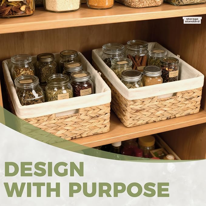 Wicker Shelf Storage Baskets for Organizing - Natural Water Hyacinth Woven Basket Organizers & Storage for Shelves w/Handles & Cotton Liner for Home & Pantry Decor Organization, Large 15” x 12” x 6”