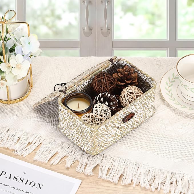 Handwoven Seagrass Basket Small Wicker Basket with Lid,7x4.3x 3.3" | Natural Decorative Box for Shelf, Multipurpose Desktop Organizer Bin for Key & Remote Control, Whitewash
