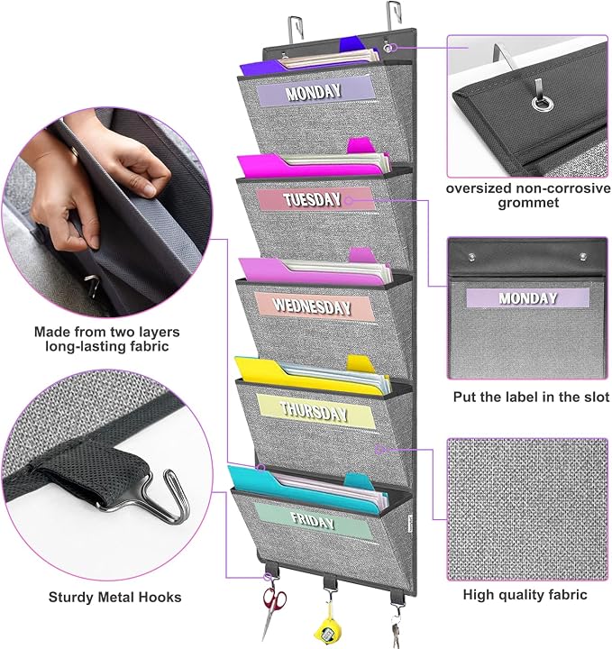 Over the Door hanging File Organizer, Weekly Hanging File Folders, Wall Organizers and Storage for Mail, Magazine, Notebooks, Office, Classroom, 5 Large Pockets, 50.39” Tall, Grey