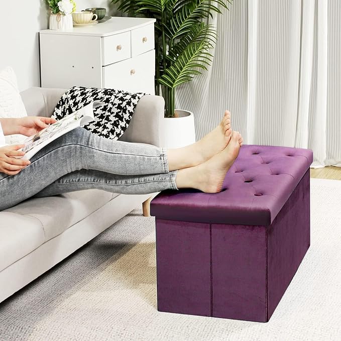 B FSOBEIIALEO Folding Storage Ottoman, Long Ottomans Shoes Bench, Velvet Storage Chest Footrest Seat 31.5"x15.7"x15.7" (Purple, Large)