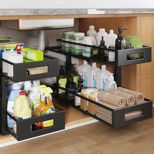 2 Packs 21IN Depth Under Sink Organizer, 2-Tier Pull Out Cabinet Organizer With Smooth Circular Rail, Large Capacity Metal Mesh Sliding Drawers For Bathroom& Kitchen Storage,Height Adjustable-Black