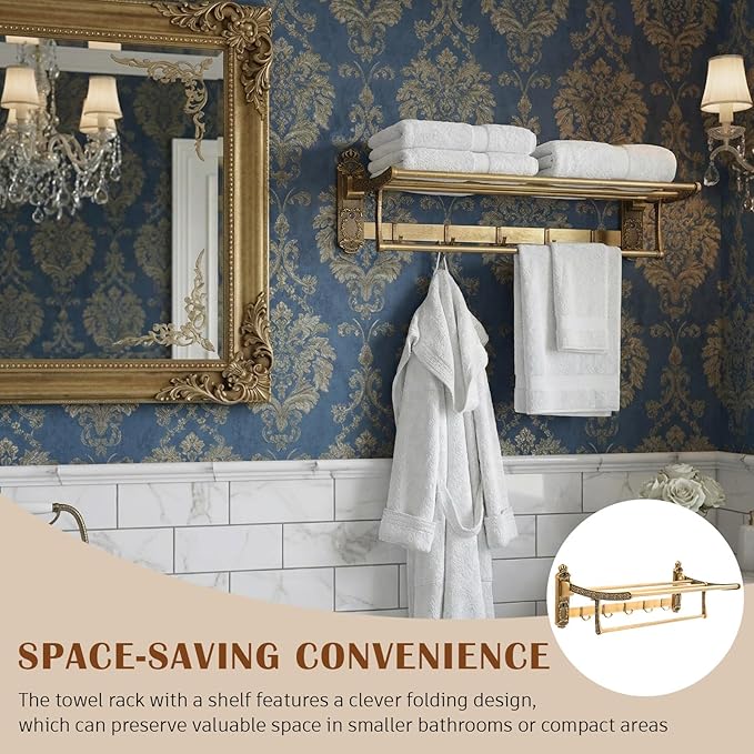 Brass Foldable Towel Rack with Hooks, Foldable Wall Mounted Bathroom Shelf Towel Bars Antique Gold Aluminum Rail Holder for Bathroom, Entryway, and Kitchen(2-Tier European Style,24")