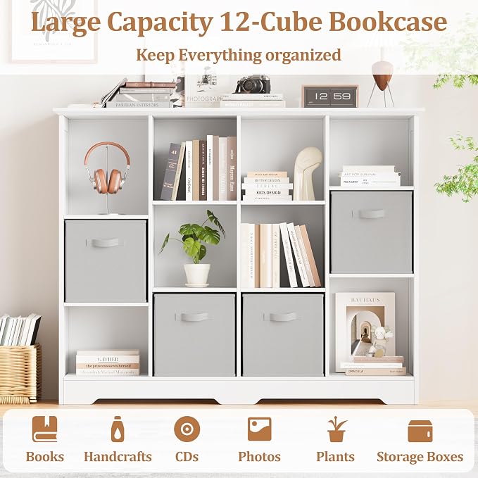12 Cube Storage Organizer Shelf, Wood Cubby Storage with 6 Fabric Drawers | 3 Tier Wooden Bookshelf with 2 Adjustable Shelves, Fluted Side Panels Bookcase for Records, Books, Ornaments