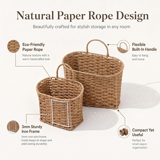 Coeusy Set of 2 Hanging Basket, Paper Rope Wall Basket for Flowers,Mail,Planters, Large Door Basket for Organizing,Storage,Home Decor,Natural