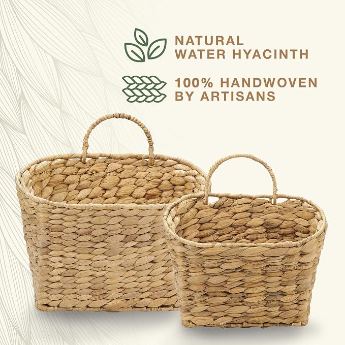 Set of 2 Wicker Hanging Baskets for Organizing, Front Door, Mail, Flowers - Woven Wall Baskets for Storage