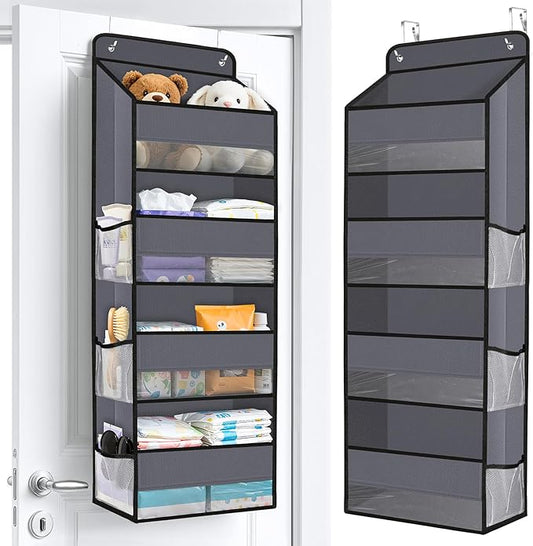 Over The Door Organizer Storage behind Door Hanging Organizer for Nursery | 4 Tier, 6 Side Pockets, Clear Window, Sturdy Construction, Space-Saving Storage for Closet, Bedroom, Bathroom & Nursery