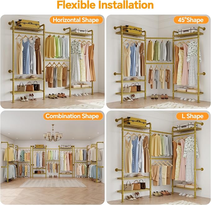 Higeego W3 Wall Mounted Clothes Rack, Industrial Pipe Clothing Rack, Gold | Heavy Duty Clothes Rack, Clothing Racks for Hanging Clothes, Closet Organizer, Expandable Hanger Rods, Adjustable Shelving