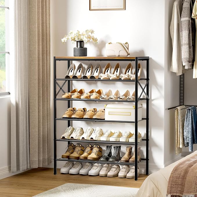 6 Tier Metal Shoe Rack with Wood Top, 18-24 Pairs Rustic Brown | Compact 38.6in tall fits entryway. Iron sheet for heels. Removable layer for tall boots. Multi-use display top.