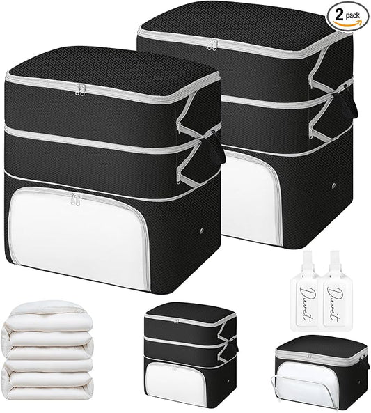 Comforter Storage Bag - 130L Blanket Storage Bags Front-opening Ultra Space Saving Self Compression Organizer, Washable Compression Bags for Storage Comforter Blanket, 2 Pack, Black