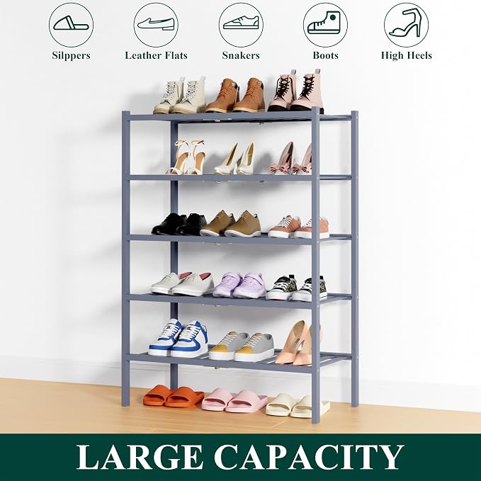 Smiry Bamboo Shoe Rack, 14 Vertical Slats, 5 Tier - 26.8" Wide, Grey | Stackable Free Standing Wooden Shoe Organizer, Wood Shoe Storage Shelf for Closet, Entryway, Thicher Leg