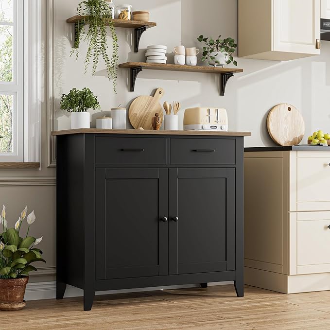 HORSTORS Farmhouse Kitchen Storage Cabinet, Small Buffet, Coffee Bar, Black