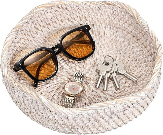 Hipiwe Rattan Key Basket for Entryway Table Handwoven Small Baskets Tray | Decorative Coffee Table Trays Wicker Storage Baskets Bowl Round Fruit Bread Serving Basket Tray, Whitewash