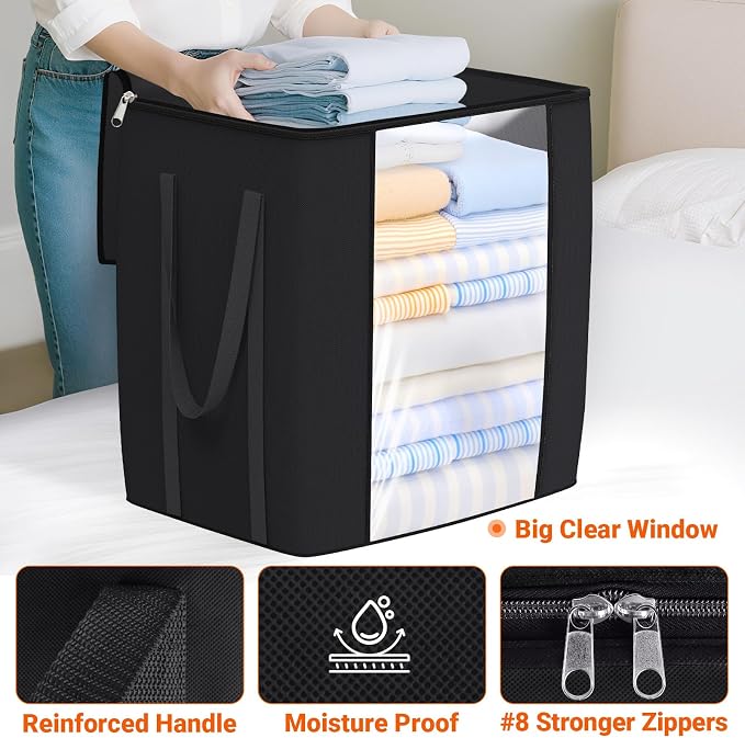 TasticTotes 120L Extra Large Blanket Clothes Storage Bags, Gray, 2 Pack | Foldable Blanket Storage and Organization, Thick Fabric Containers with Reinforced Handles & Zippers for Comforters, Bedding