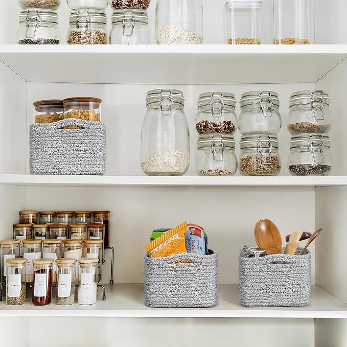 Goodpick 3-Pack Woven Baskets for Closet & Shelves, 11 x 7 x 4.5 in | Woven Baskets for Shelves, Closet Organizer Bins,Empty Baskets for Gifts, Woven Basket for Play Room, White & Gray