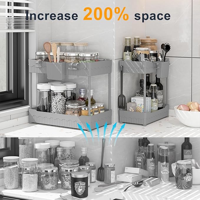 Sevenblue 2-Pack Under Sink Organizer with Hooks & Hanging Cup for Kitchen | Multi-use kitchen & bathroom storage, 14.8 inch grey cabinet organizer, with hooks and hanging cup for easy access.