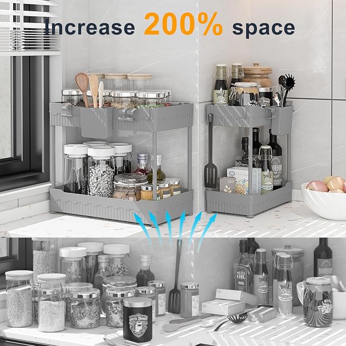 Sevenblue 2-Pack Under Sink Organizer with Hooks & Hanging Cup for Kitchen | Multi-use kitchen & bathroom storage, 12.8 inch grey cabinet organizer, with hooks and hanging cup for easy access.