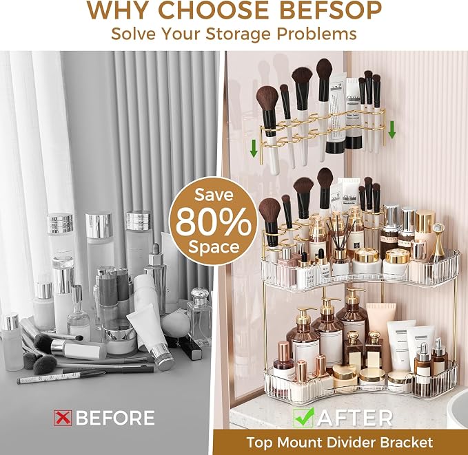 BEFSOP Corner Bathroom Counter Organizer, Upgraded 2-Tier Makeup Organizer Countertop with Makeup Brush Holder, Skincare Exquisite Vanity Organizers Countertop Bathroom Storage Dresser(CLEAR)