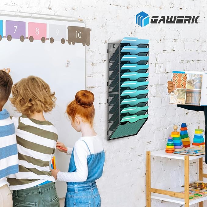 Gawerk 10-Tier Wall File Organizer Hanging Wall File Holder for Office | Wall Mount Paper Folder Organize, Mesh Magazine Document Mail Organizer Wall Organizer for Office School Home, Black