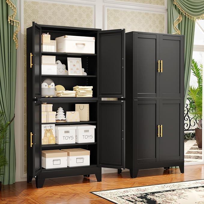 GAIOUS 75.2" Tall Metal Pantry Cabinet, Storage Cabinets with 4 Door and 4 Adjustable Shelves, Black Kitchen Pantry Storage Cabinet, Freestanding Cupboard for Kitchen Dining Room Living Room Bathroom