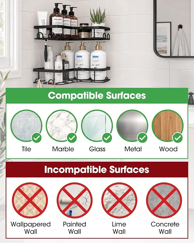 Sakugi Corner Shower Caddy - 2 Pack, Adhesive Shower Organizers, Rustproof Stainless Steel Shower Shelves with 8 Hooks, No Drilling Bathroom Organizers and Storage Racks, Space-Saving, Black, Medium