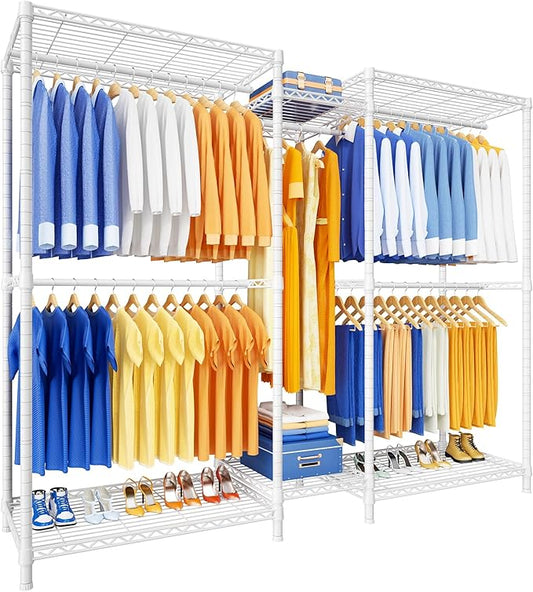 E12 Pro Clothes Rack，Heavy Duty Freestanding Garment Rack with Shelves，Metal Clothing Closet Storage System for Hanging Clothes，71" W x 16" D x 76.5" H, Hold 960 lbs，White