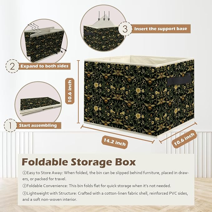 Moody Floral Bumblebee Storage Box Bins, Dark Cottagecore Honey Bee Botanical Collapsible Storage Basket Organizer for Bedroom Bathroom Home Clothes Books, Decor for Room