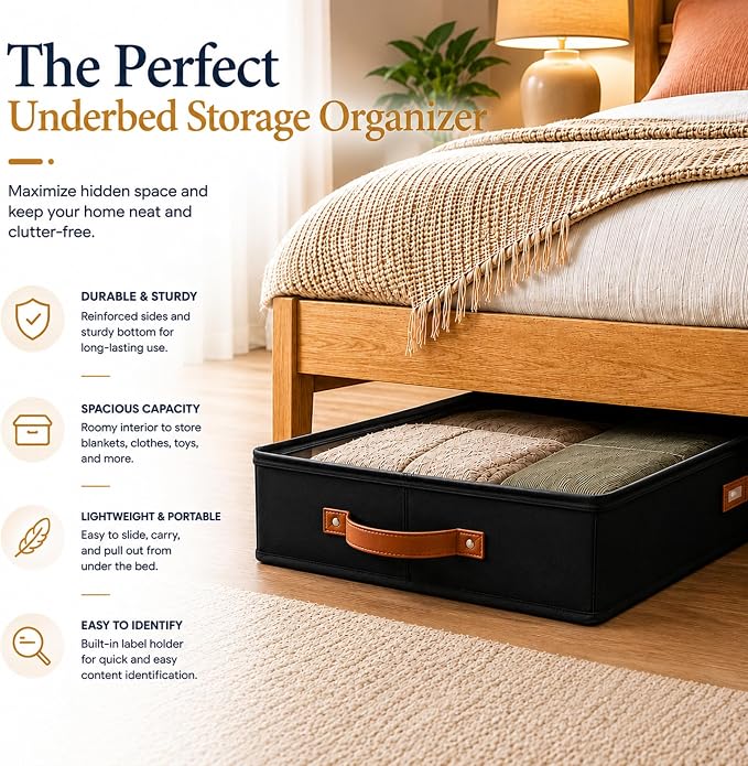2pc Under Bed Storage Containers, Bedroom Under the Bed Drawer Storage Organizer with Bins and Lids, Medium Underbed Clothes Storage Box Ideal for Blanket, Fabric, & Shoes (Black)