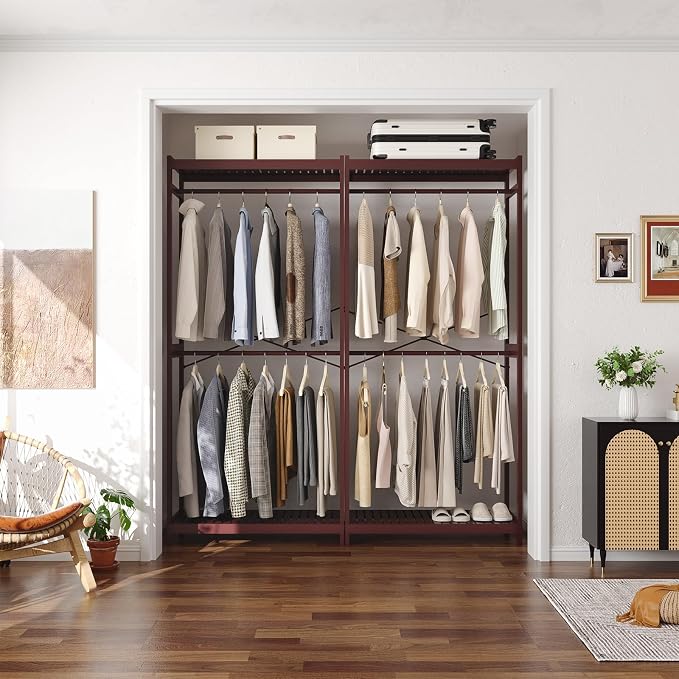 Bamboo Clothes Rack with Shelves and Double Hang Rods, Portable Closet System Garment Rack for Hanging Clothes, Tall Clothing Rack Corner Closet Organizer, Easy to Built, Espresso