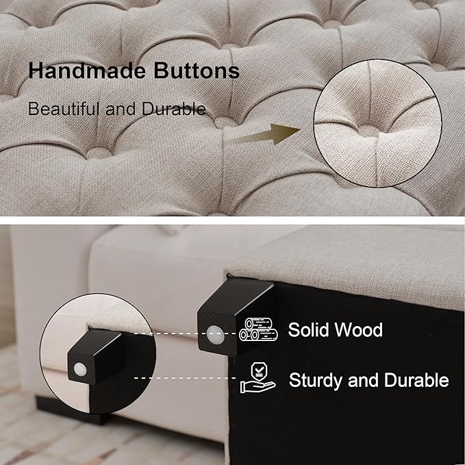 51" Storage Ottoman for Bedroom & Living Room, End of Bed Bench with Black Wooden Legs, Linen Upholstered Tufted Ottoman, Entryway Storage Bench, Beige