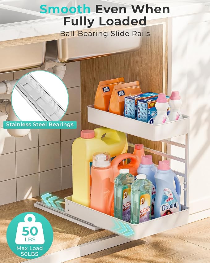 EVERIE Metal Pull Out Slide Shelf Organizer for Framed or Frameless Under Sink CabinetsOrganization in Kitchen, Bathroom, Counter, Cabinets (White, 1 Set)