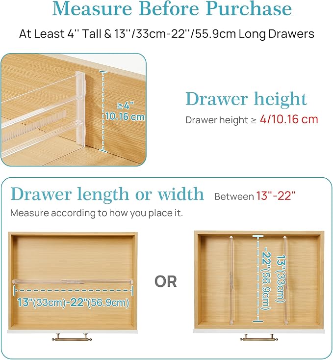 Vtopmart 12 Pack Drawer Dividers for Clothes, 4" High 13"-22" Adjustable Expandable Dresser Drawer Organizer, Clear Plastic Separators for Dresser, Baby Clothing, Underwear, Cosmetic, Toiletries