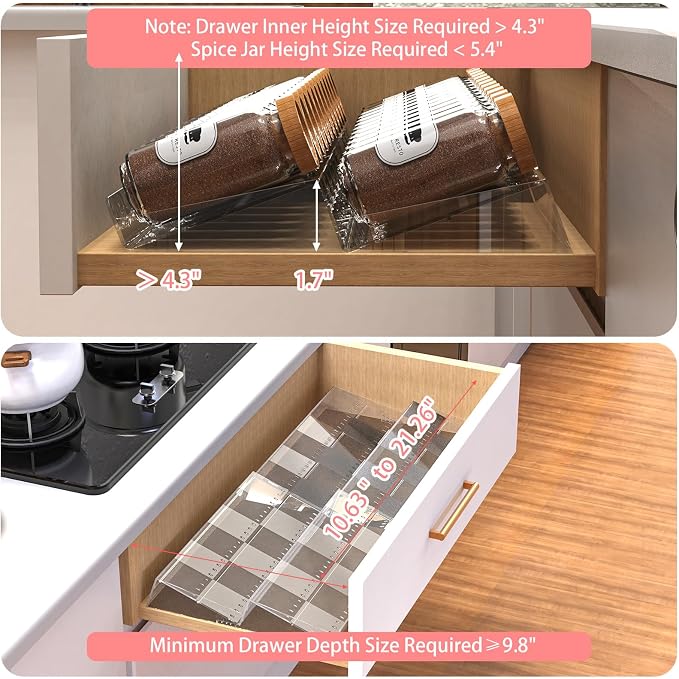 2-Tier Non-Slip Spice Drawer Organizer, 2-Pack Checkered Frosted Clear Acrylic, Expandable (11''-22'') Spice Rack for Kitchen Drawer Storage – Holds Seasonings, Herbs, and Spices (Jars Not Included)