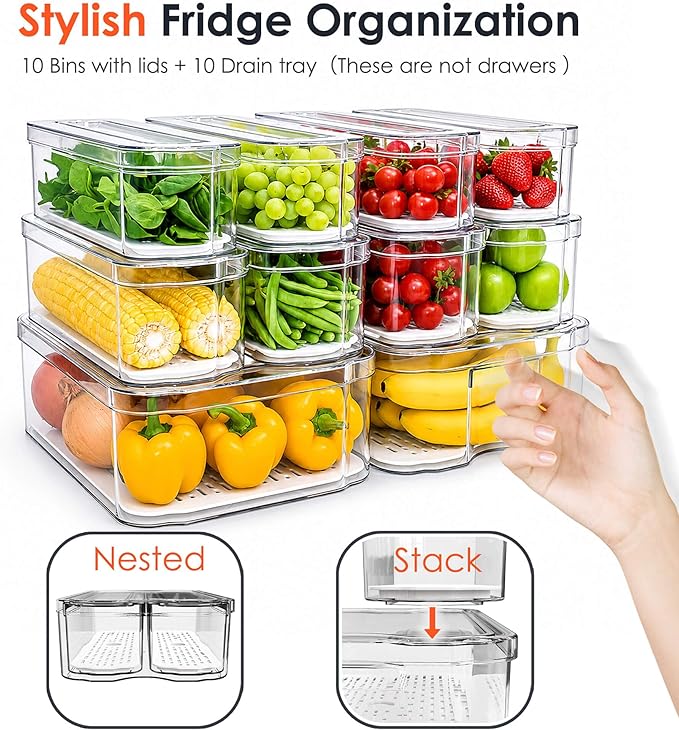 SMRCAD Clear Fridge Bins with Drain Trays - BPA-Free PET, Stackable | 10 Pack: 10 lidded Bins, Helps Keep Produce Fresh, 17.4L Capacity, Hand Wash Only