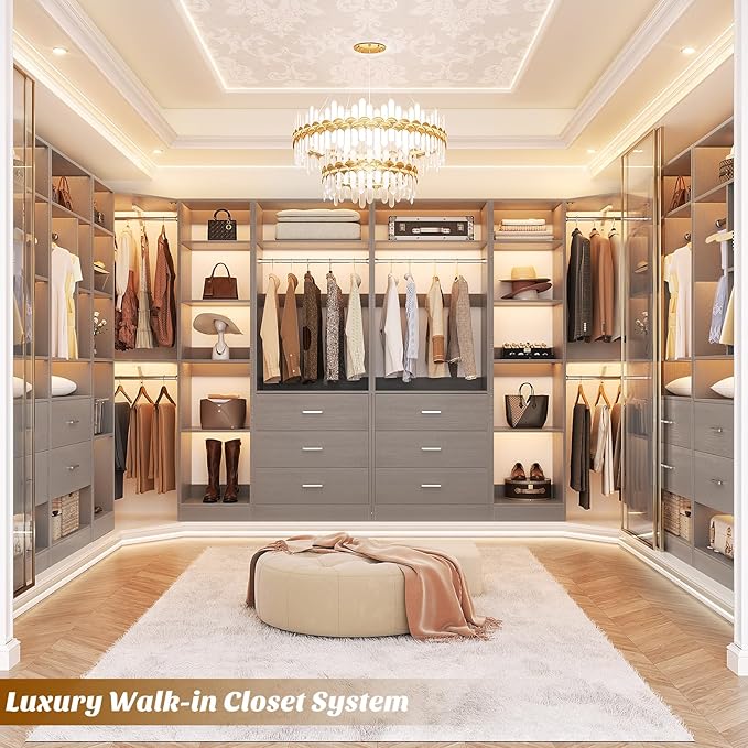 Besiost Corner Closet System with 6 Drawers, Closet Organizer System with 14 Shelves & 4 Hanging Rods, 87.2"L * 39.2"W / 63.2"L * 63.2"W Reversible L Shaped Walk-in Closets, Load 2500+LBS, Grey