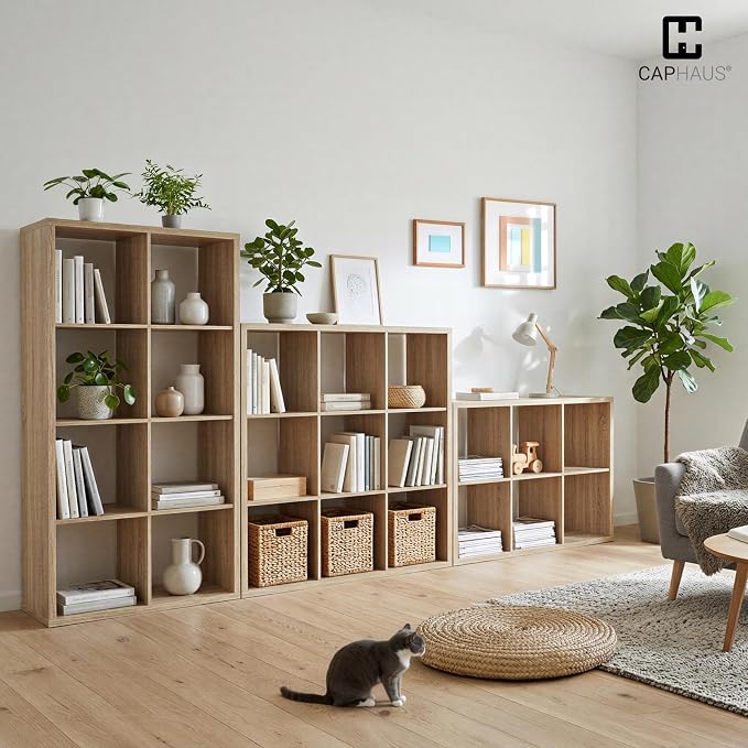 CAPHAUS Sturdy Room 13-Inch Cube Storage Organizer Shelf, with Extra Thick Exterior Edge, Open Storage Shelf Divider, Bookcase, 9-Cube, Natural Oak