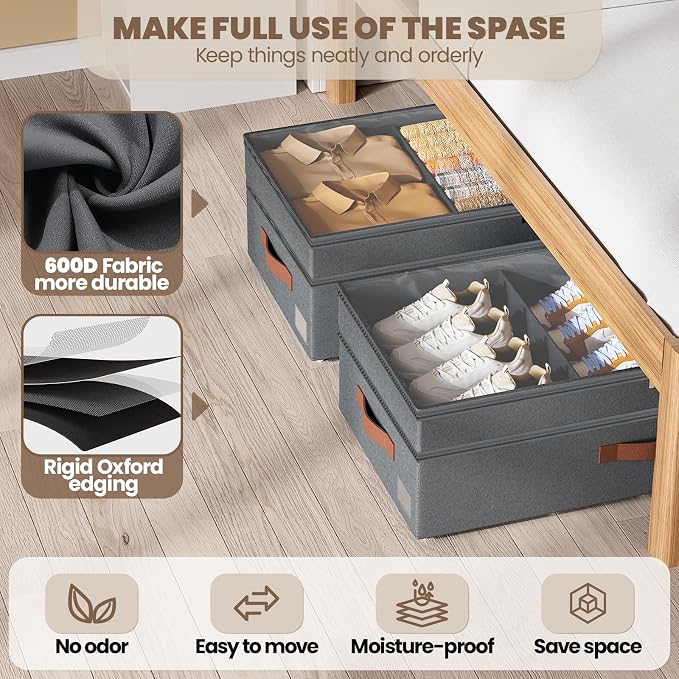 Under Bed Storage with Wheels, 2Pack 71L Under the Bed Storage Containers | Adjustable Underbed Drawer with Lids, Underbed storage Rolling Bin for Shoes, Clothes, Blankets, Grey