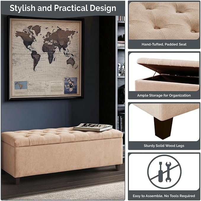 Madison Park 49" Upholstered Storage Bench, Button Tufted End of Bed Bench with Storage, Dual Spring Soft-Close Lid, Bedroom Bench for Queen King Bed, Entryway Living Room, Sand