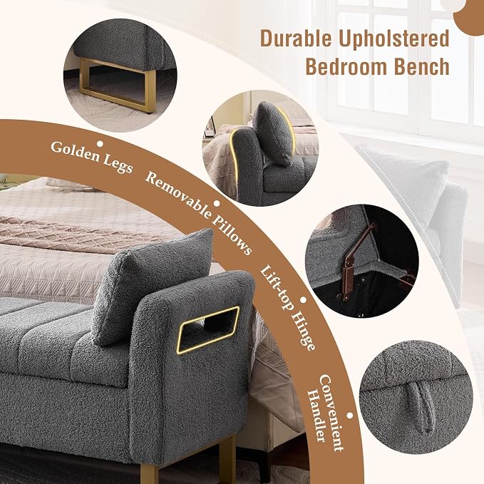 66" Storage Bench for Bedroom Upholstered End of Bed Bench King Size Grey | Long Bedroom Benches for Foot of Bed King,Teddy Storage Bed Bench with Gold Legs,2 Pillows for Entryway Windows Cloakroom