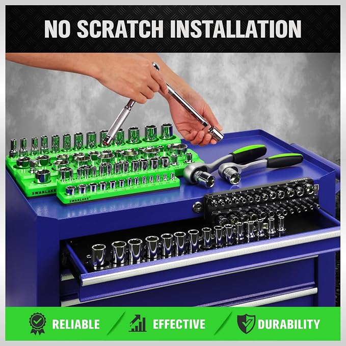 Magnetic Socket Organizer Holder Tool: 8PCS Set includes 2PCS 1/4", 4PCS 3/8", 2PCS 1/2" Drive Socket Storage Trays Toolboxs, Holding 199 Slots Soft Rubber Covering Black Green (sockets not included)