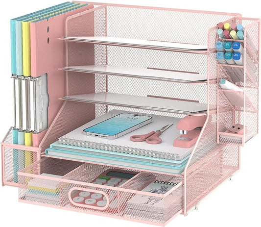 Desk Organizer with 5 Tier File Holder and Sliding Drawer Pen Holder Pink | Paper Letter Tray with 3 Tilted File Sorters to Keep Desk Accessories and Office Supplies within Reach
