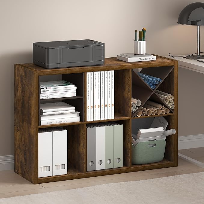 Furinno Cubicle 6-Cube Book Shelf, Extra Thick Frame Bookshelf, Amber Pine | 14.6" x 44" x 30", Horizontally & Vertically Reversible Bookcase with Open Back, for Living Room, Bedroom, Home Office
