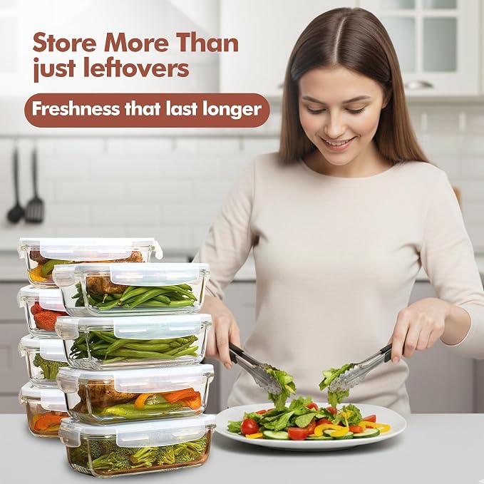 Razab 16 Pc (Set of 8) 30 Oz Glass Meal Prep Containers with Lids, Airtight Large Glass Food Storage Containers, Reusable Leak Proof BPA Free, Freezer to Oven and Dishwasher Safe