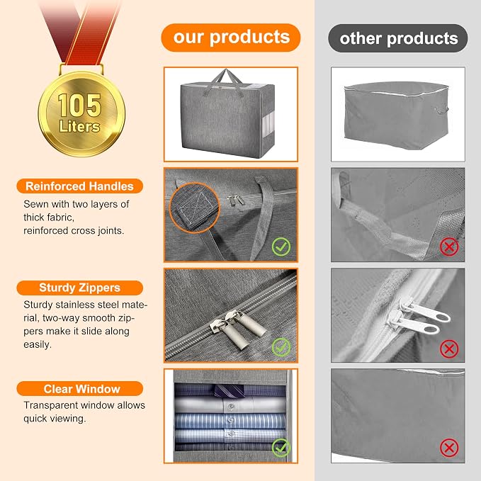 3 Pack 105L Comforter Storage Bags, Extra Large Bedding Storage Bags with Card and Clear Window, Reinforced Handles & Zippers, Foldable Closet Organizers for Blanket Pillow Clothes