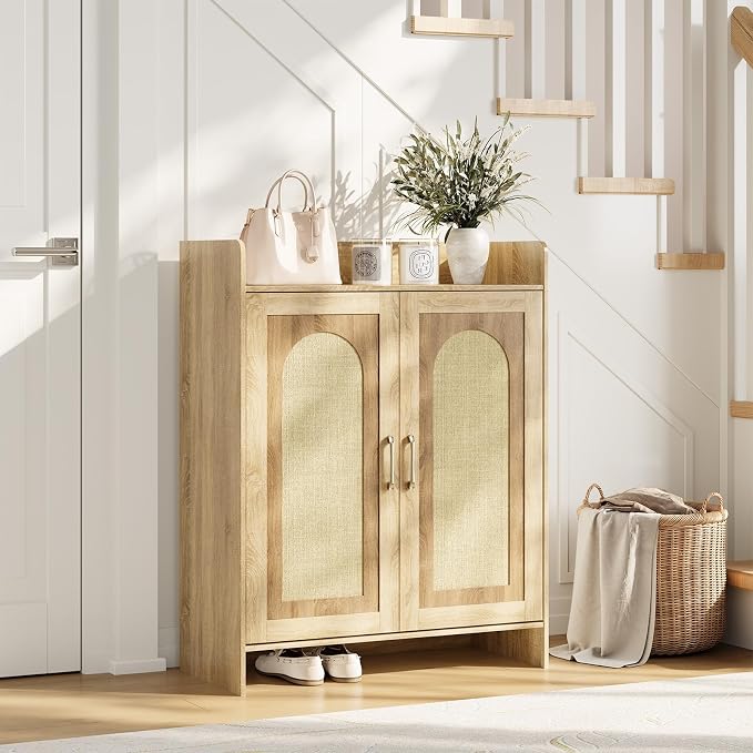 Garvee Shoe Cabinet Storage for Entryway, Rattan Storage Cabinet, Wooden Shoe Rack with 2 Doors, Farmhouse Boho Wood Shoe Organizer Cabinet for Entrance Hallway Living Room Foyer
