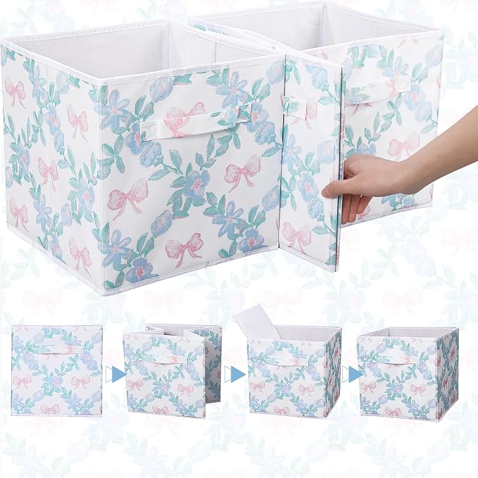 6 Pcs Blue Floral Bow Cube Storage Bins 11 Inch Blue Flower Storage Basket with Handle, Preppy Girls Organizer Basket, Collapsible Fabric Box for Classroom Bedrooms Office Home Decoration Gift