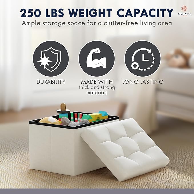 Ornavo Home Small Rectangle Ottoman Set of 2, Linen, 12x16x12, White | Storage Collapsible Design; Foot Rest Stool Seat; Ideal for Living Room, Bedroom, Home Office or Dorm
