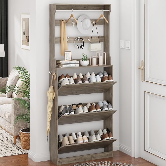Shoe Cabinet for Entryway with 3 Flip Drawers, Grey Tall Wood Shoe Storage Cabinet with Coat Rack, Narrow Hidden Slim Freestanding Shoe Rack Organizer, 2 in 1 Hall Tree for Living Room, Hallway