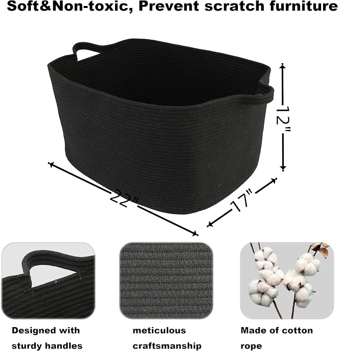 XUANGUO Large Rectangle Woven Cotton Rope Blanket Basket 22"x17"x12" Black | Storage basket for nursery and living room; toy basket for kids, dog toy storage, or laundry basket for clothes and towels.