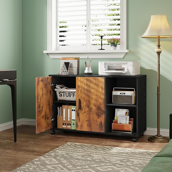 DEVAISE Office Storage Cabinet, Lateral Printer Stand, Rustic Brown | Doors and Shelves, Mobile File Cabinet, Large Office Supplies and Craft Storage